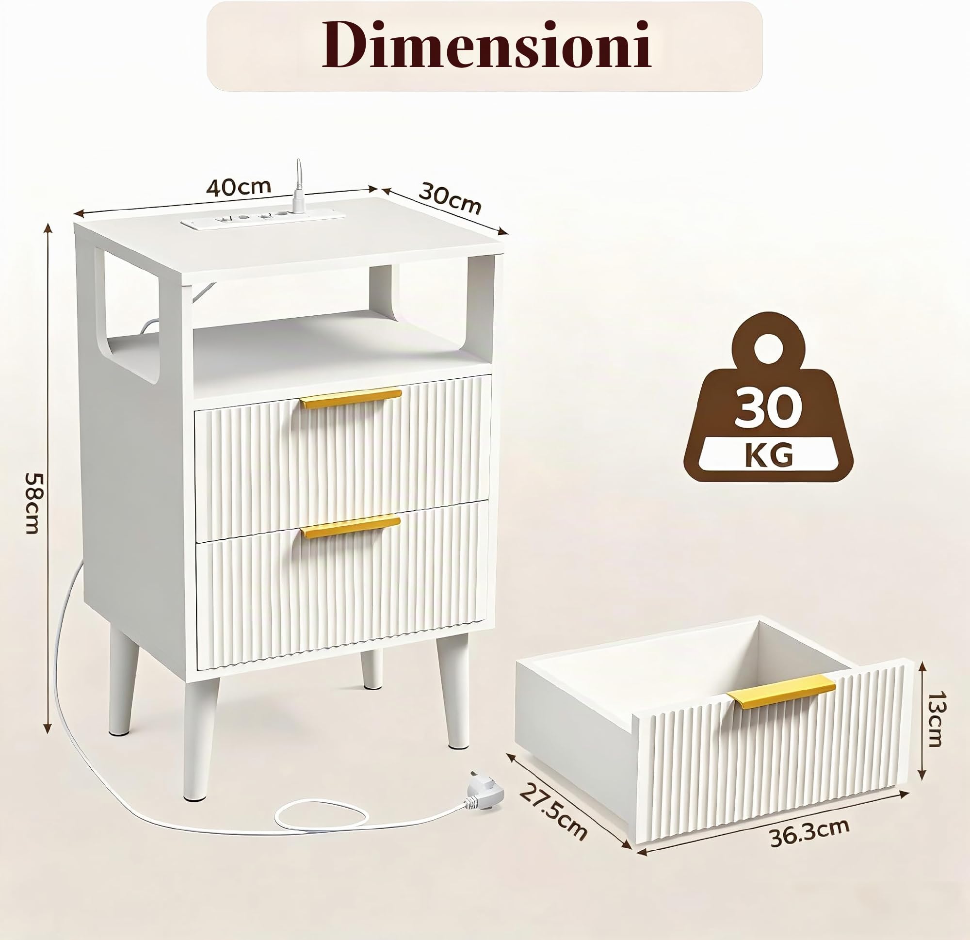 YOUDENOVA Comodini Camera da Letto, Elegante Tavolino Salotto con Presa Elettrica Integrata e Illuminazione a LED, 2 Cassetti e Scomparto, 2 Porte USB, 30 x 40 x58 cm, Bianco