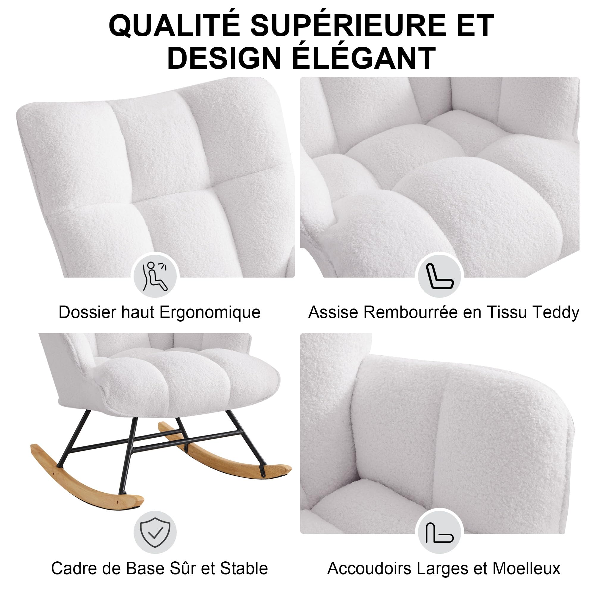 Fauteuil à Bascule, Tissu Teddy Peluche, Pieds en Bois d'Hévéa, Chaise d'Accent pour Nourrisserie, Salon, Chambre, Bureau(Blanc Teddy)