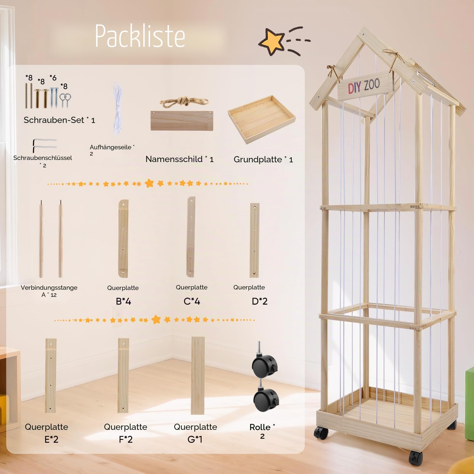 Kuscheltier Aufbewahrung 146x47x35CM, MINENICE Plüschtier Aufbewahrung aus Massivholz mit 360° Feststellbaren Lenkrollen für Babyzimmer, Wohnzimmer, Schlafzimmer, Kinderzimmermöbel