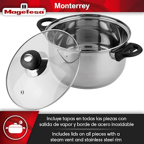 Miniatura 4 de MAGEFESA Monterrey - Juego de utensilios de cocina de 12 piezas, ollas y sartenes de acero inoxidable de alta calidad con asas de baquelita