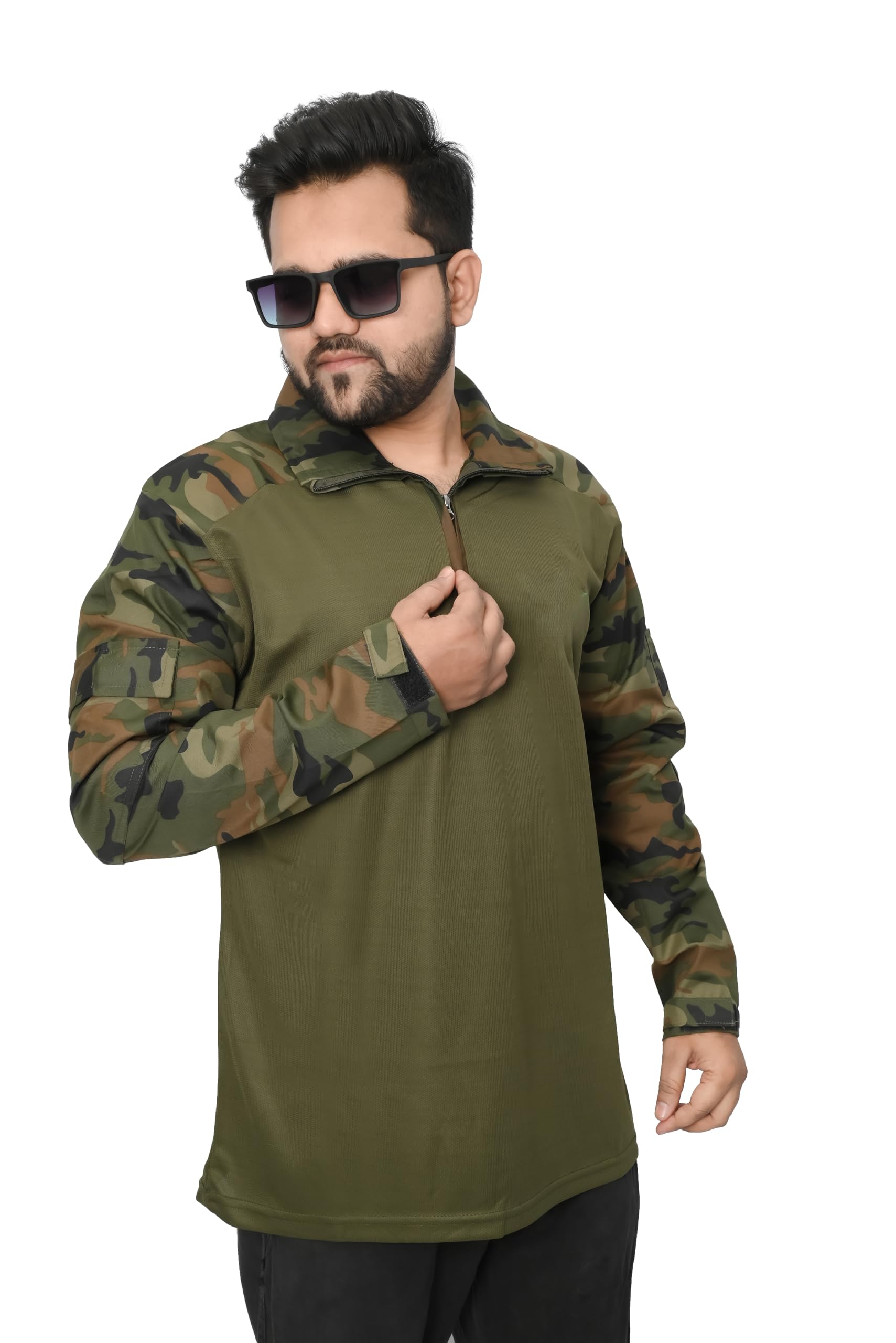 Military Style Half-Zip Cotton Blend T-Shirt, Olive Green with Camouflage Sleeves,-picture-55