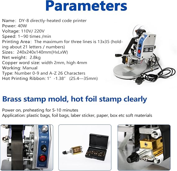ZONEPACK DY-8 Date Coding Machine Heat Printing Machine Manual Electric Hot Stamp Date Code Printer Semi Automatic Coding Machine Date Label Heat Machine for Plastic Film Flexible Packaging