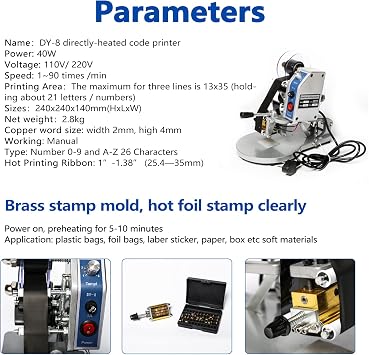 ZONEPACK DY-8 Date Coding Machine Heat Printing Machine Manual Electric Hot Stamp Date Code Printer Semi Automatic Coding Machine Date Label Heat Machine for Plastic Film Flexible Packaging