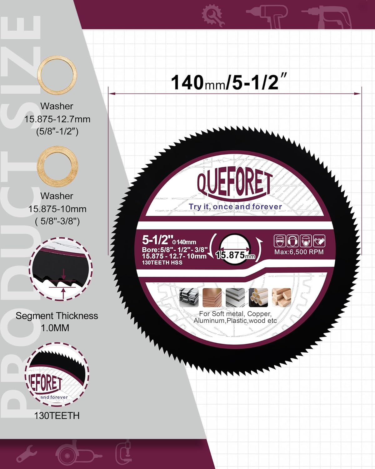 5-1/2 Inch Circular Saw Blades 3/8", 1/2", 5/8" Arbor - 4pcs HSS Metal Cutting Discs 130T for Copper Aluminium Wood Plastic, for Circular Saw Trim Saw