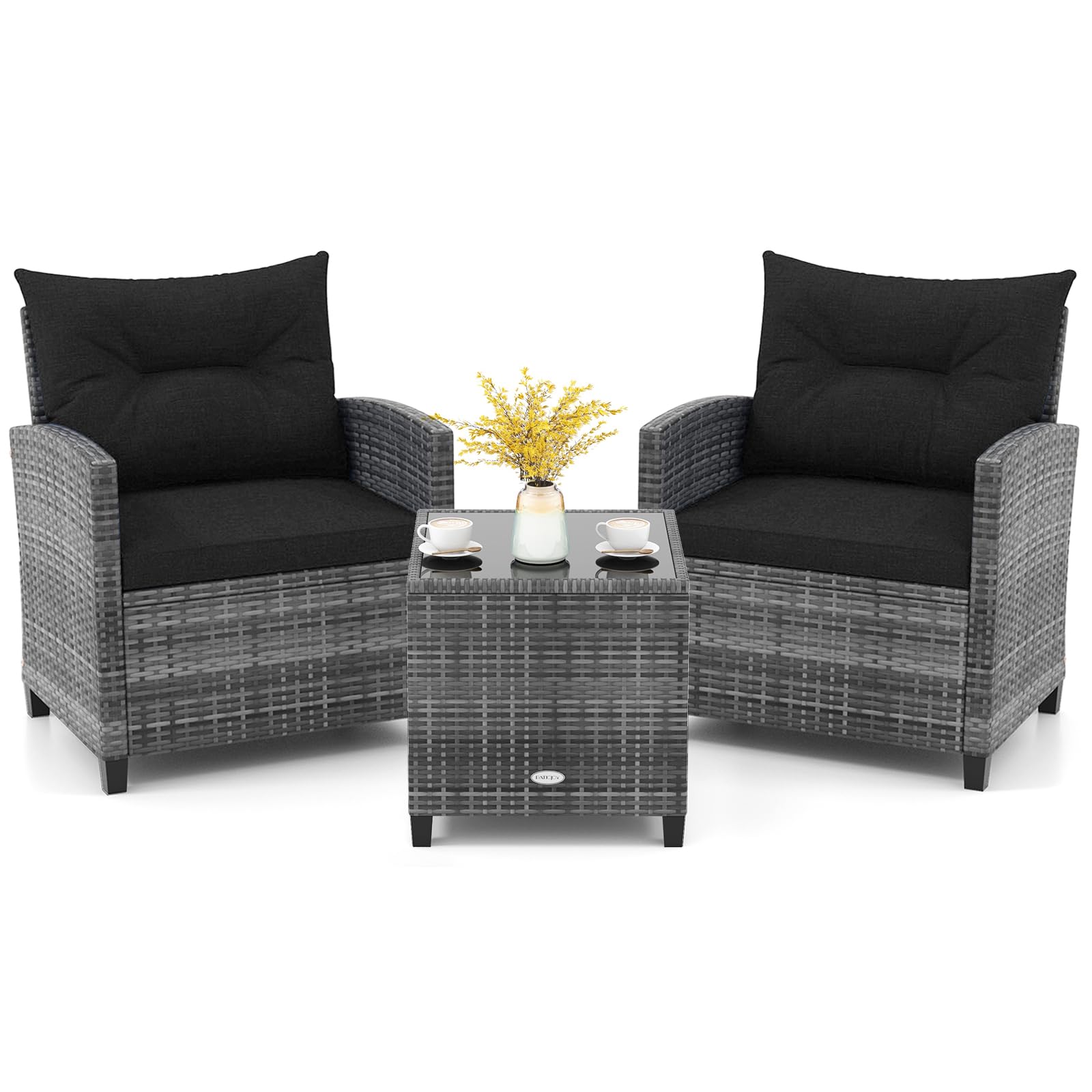 KOTEK 3 Piece Patio Furniture Set, Outdoor PE Rattan Conversation Set with Washable Cushions & Tempered Glass Tabletop, Wicker Chairs and Table Set