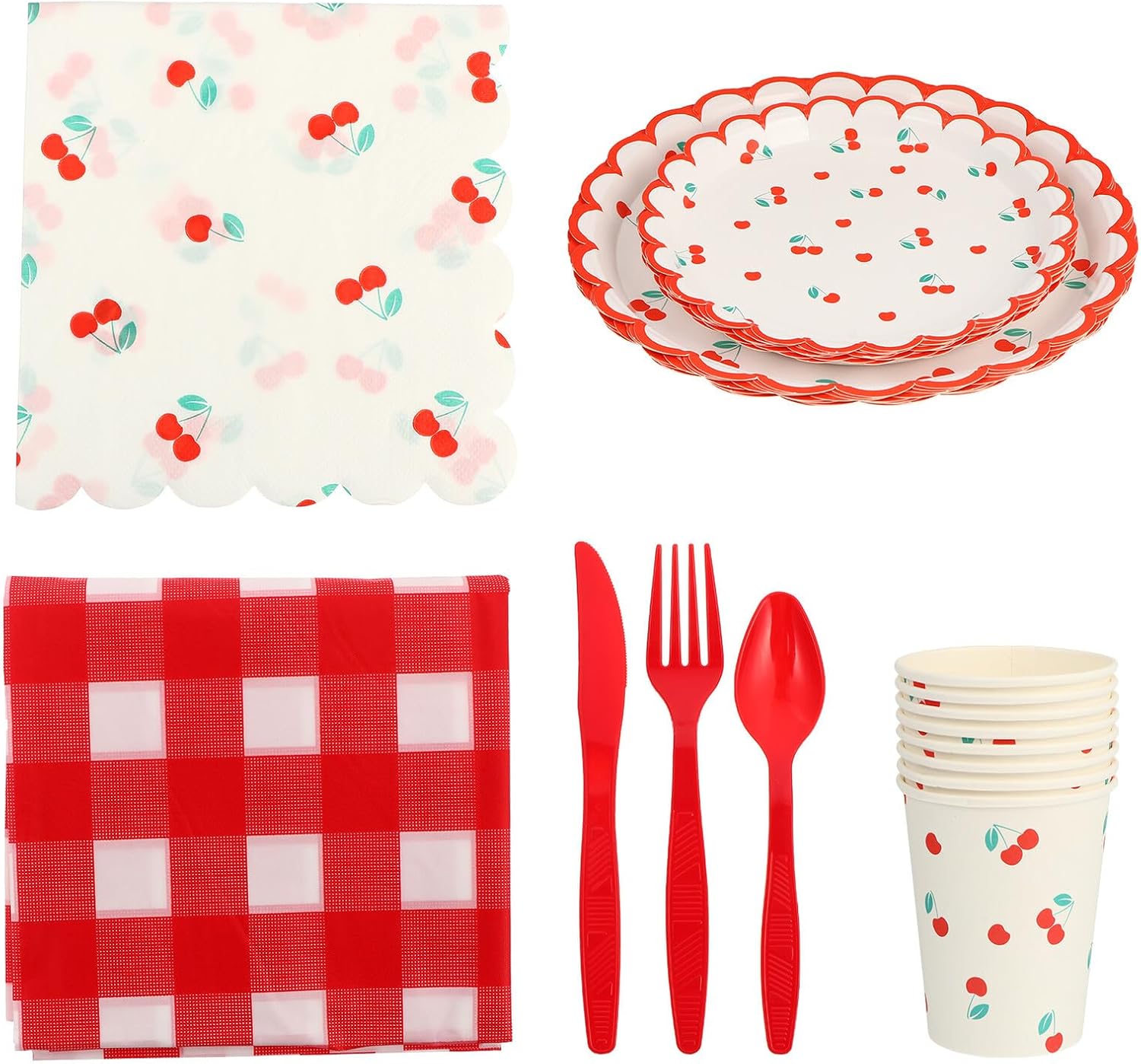 Homoyoyo Cherry Pattern Disposable Party Paper Tableware Set with Cups and Napkins Colorful Paper Plates for Birthday and Picnic Fruit-themed Disposable Dinnerware Kit