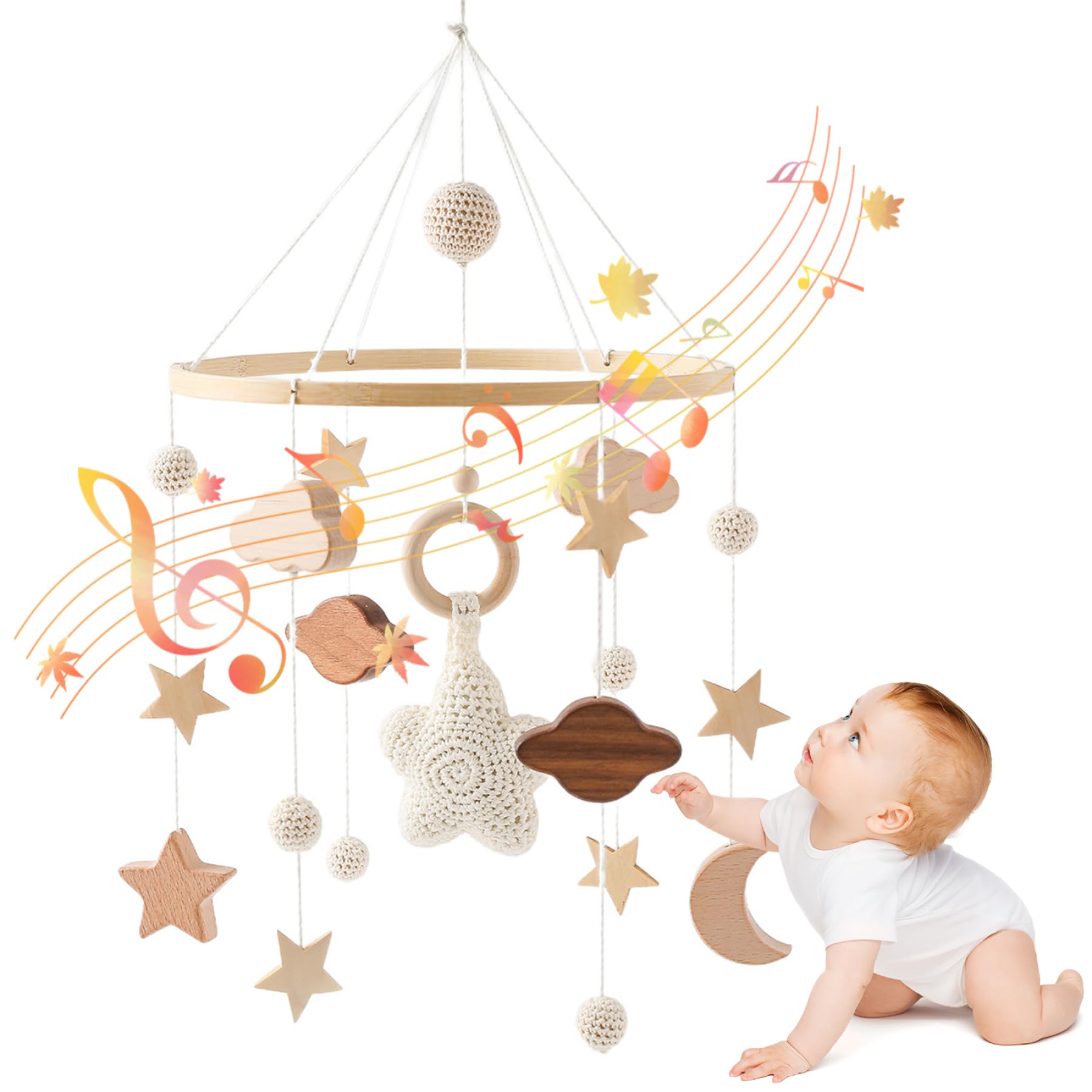 Mobile pour berceau de bébé, mobile pour bébé étoiles, nuages ​​et lune avec son net, de chambre d'enfant en bois crocheté à la main, jouets berceau Boho à suspendre pour garçons et fil
