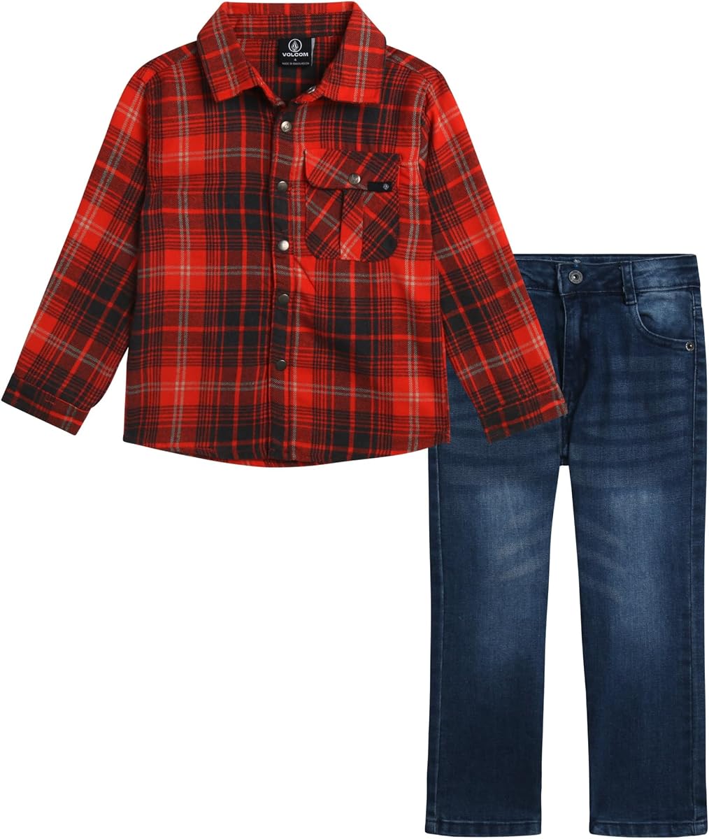 Volcom Toddler Boys 2-Piece Set - Flannel Shirt & Slim-Fit Denim (12M-7) | Soft Against the Skin for All-Day Comfort, Classic Plaid Look with Flexible Stretch for Easy Movement at School or Gatherings