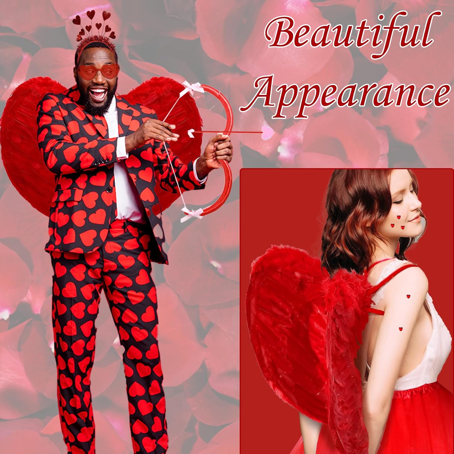 8 Pcs Valentine's Day Cupid Costume Women Adult, Cupid Bow and Arrow, Red Angel Wings, Bow High Stockings, Tutu Skirt, Sequins Heart Shape Headband Sunglasses for Valentines Cosplay - Image 4