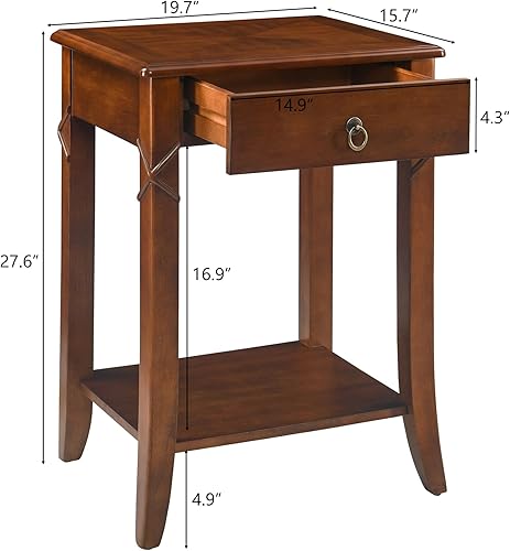 Miniatura 3 de 27.6" High End Table with Drawer and Storage Shelf, Solid Wood Side Table, Traditional Sofa BesideTables, Narrow Telephone Tables for Living Nogal