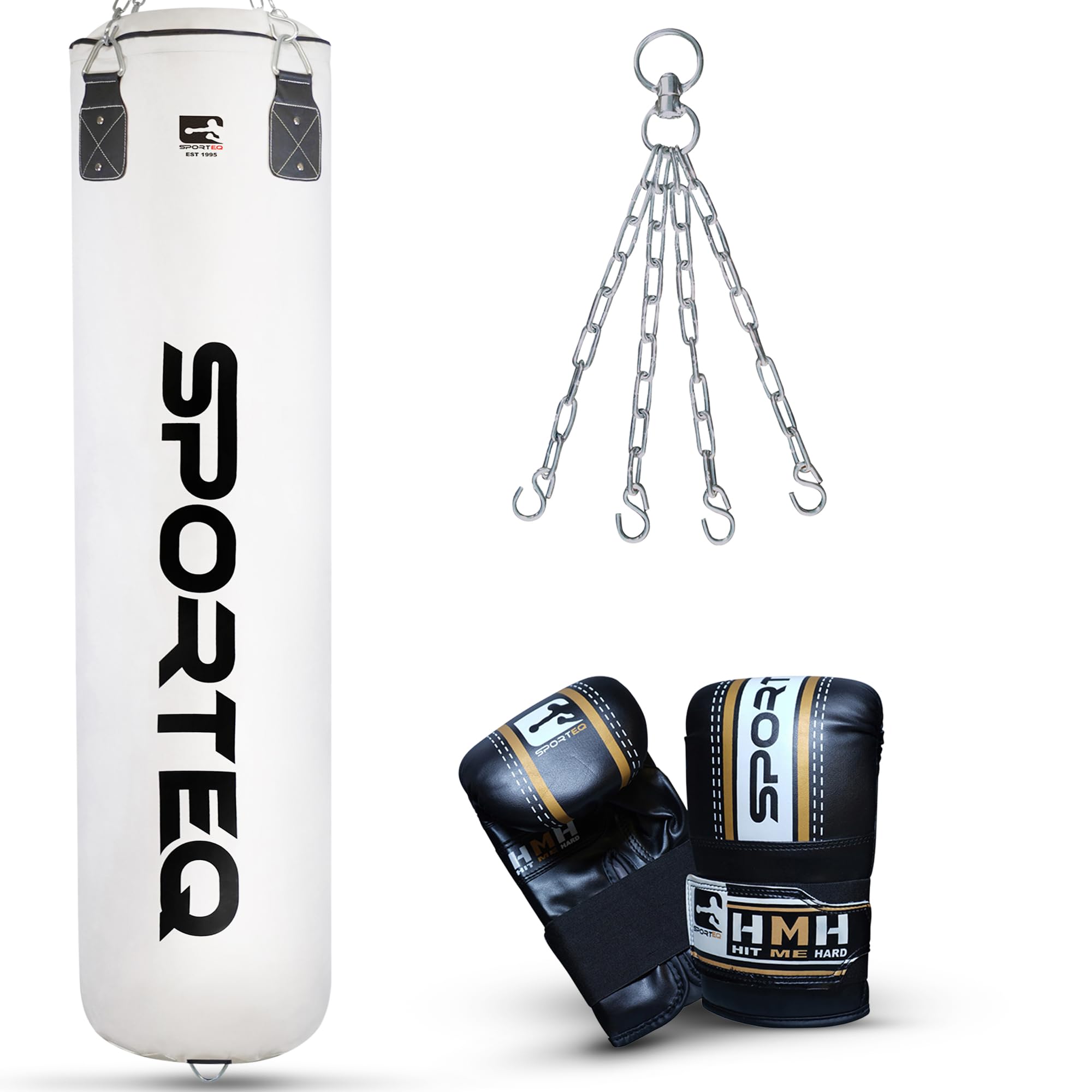 Sporteq Dyno Heavy Boxing Filled Punching Bag 3FT, 4FT & 5FT for All Ages & Genders | Martial Arts Kickboxing Muay Thai Karate | Home & Commercial Gym Use (5FT Punch Bag + Boxing Gloves + Chain)