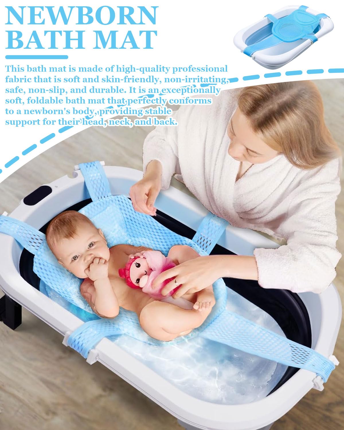 1 pezzo Tappetino da Bagno Per Neonati, Con Rete Regolabile, Antiscivolo, Con Cintura di Sicurezza, Per Neonati(Blu)