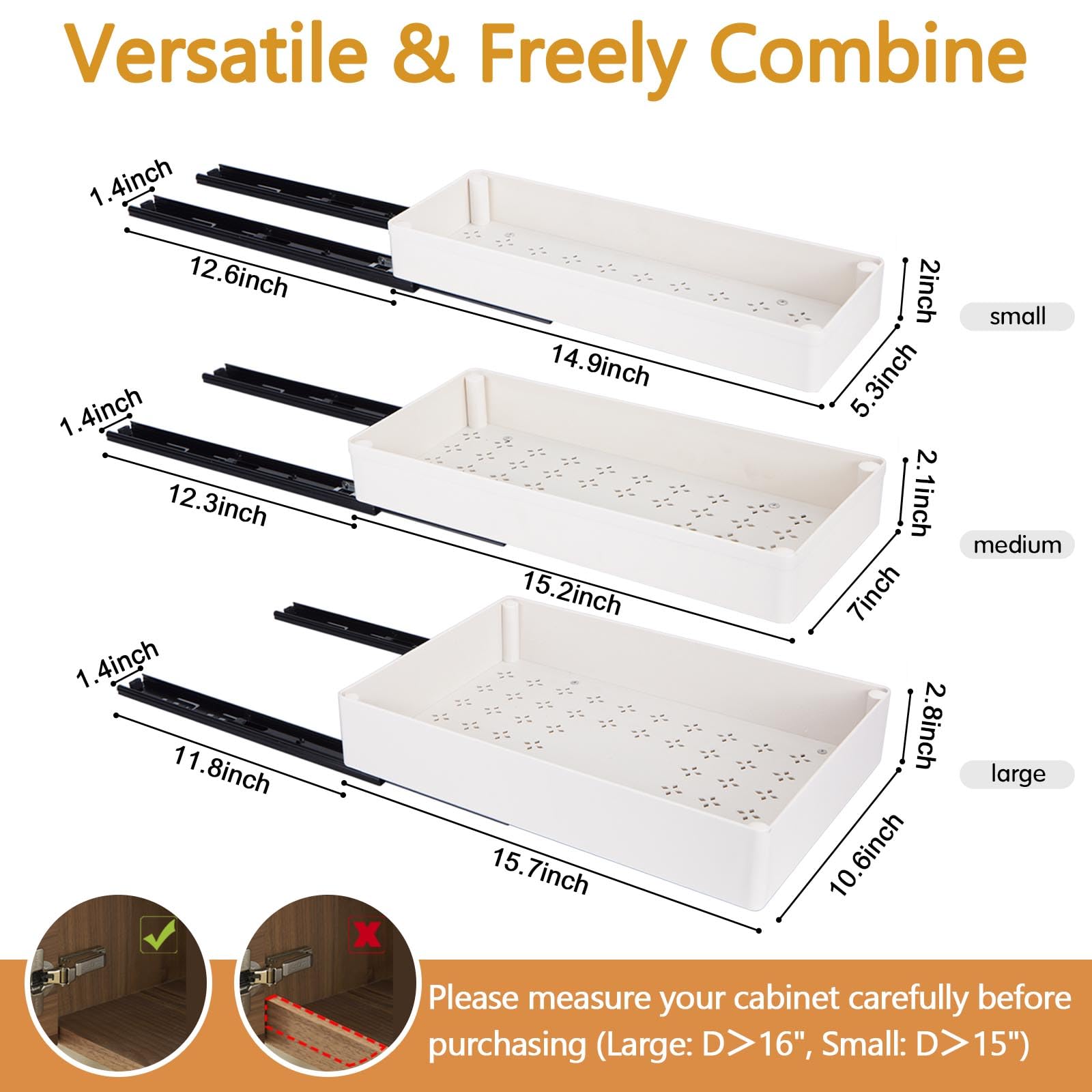 Creahaus Lot de 3 tiroirs coulissants avec glissières en métal, 3 tailles de tiroirs coulissants lisses pour armoires de cuisine, salle de bain, garde-manger, étagères