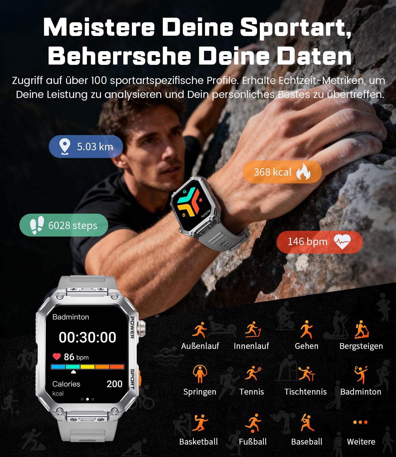 ESFOE Montre Connectée Homme,1,96" Militaire Smartwatch avec Appel Bluetooth 3 Bracelets 100+ Modes Sportifs 5ATM Étanche Fréquence Cardiaque Podomètre Fitness Tracker iOS Android Argent Métallisé