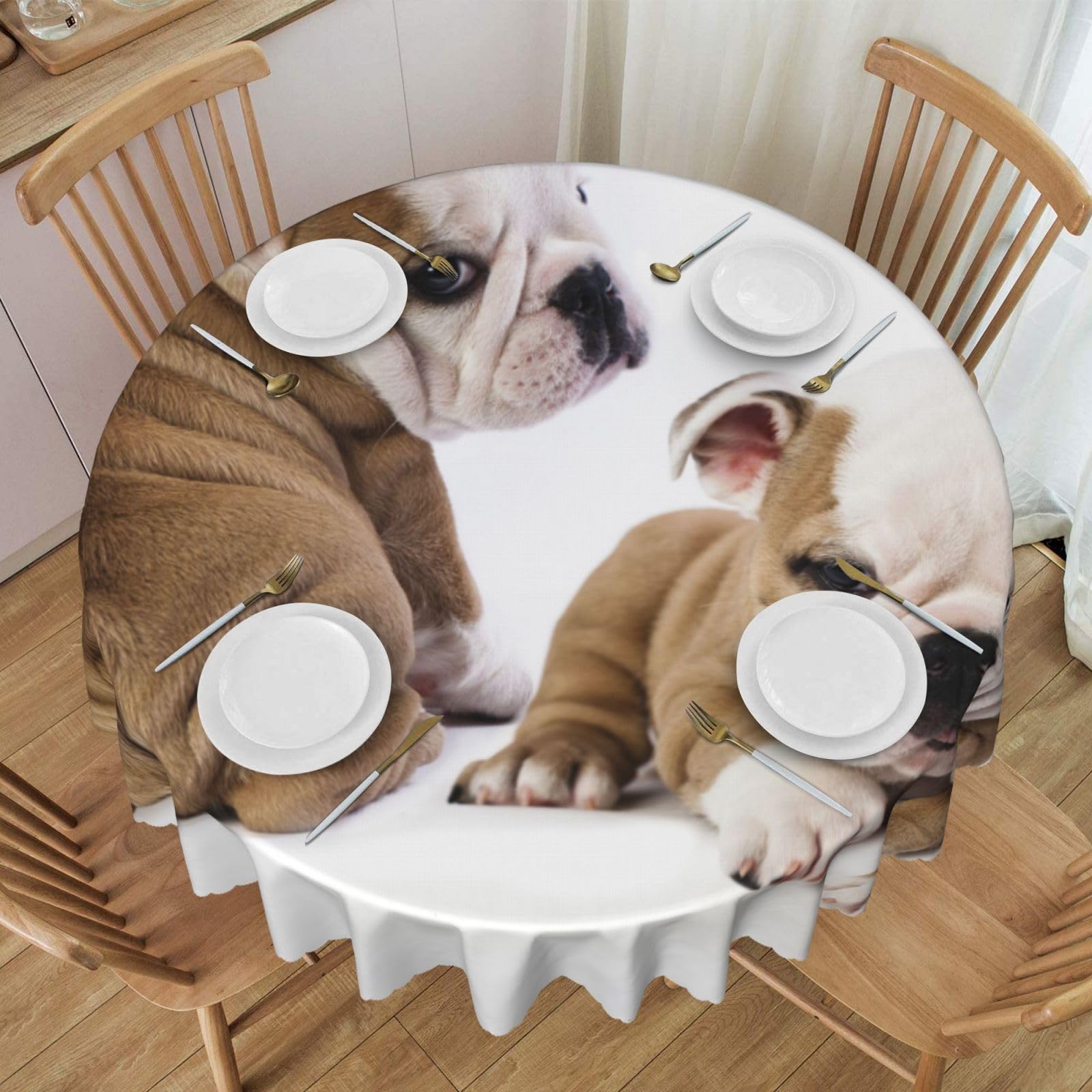 DCEHGEW 60 In Round Tablecloth with Lace, Two Cute Bulldog Dogs Printed Oilproof & Washable Fabric Picnic Table Cloth Table Covers