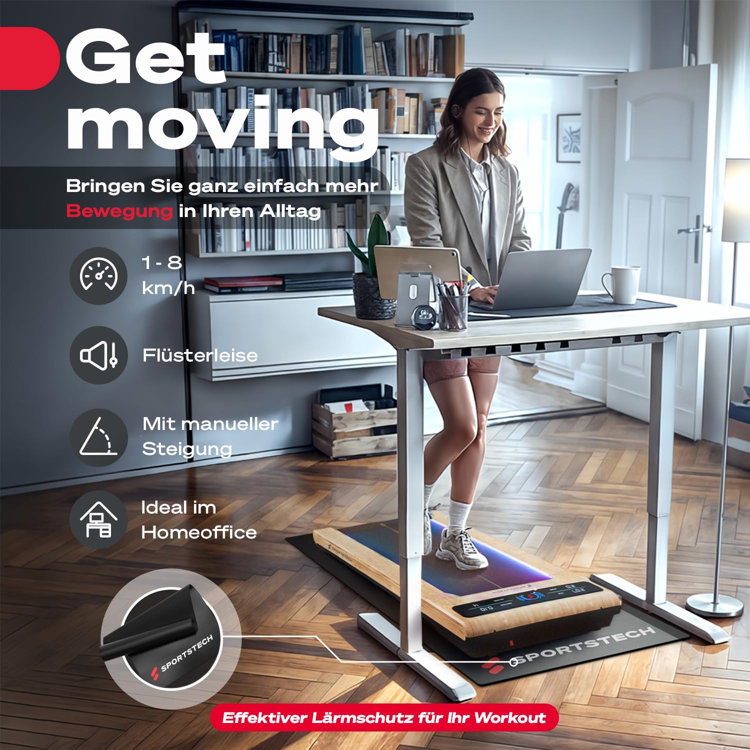 Sportstech sWalk Walking Pad, Laufband für Zuhause klappbar mit Steigung 7,5%, Laufband Schreibtisch, Under Desk Treadmill, 8 km/h, leise, App, LCD Display, bis 120 kg, Homeoffice Fitnessgerät