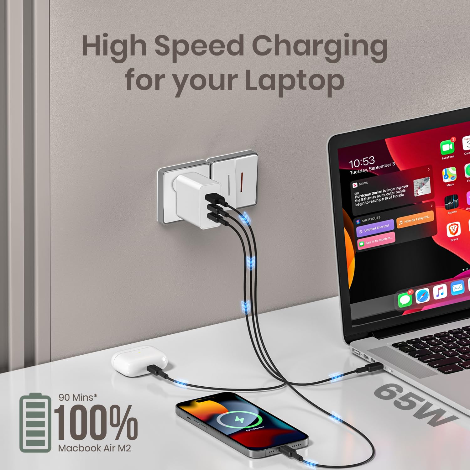 Portronics Adapto 65B 65W Triple Port Fast Charger, 2 Type C PD Ports, 1 USB-A Port, PPS Technology, for Laptops, Smartphones, Tablets, MacBook, iPad (White) — Amazon image 2