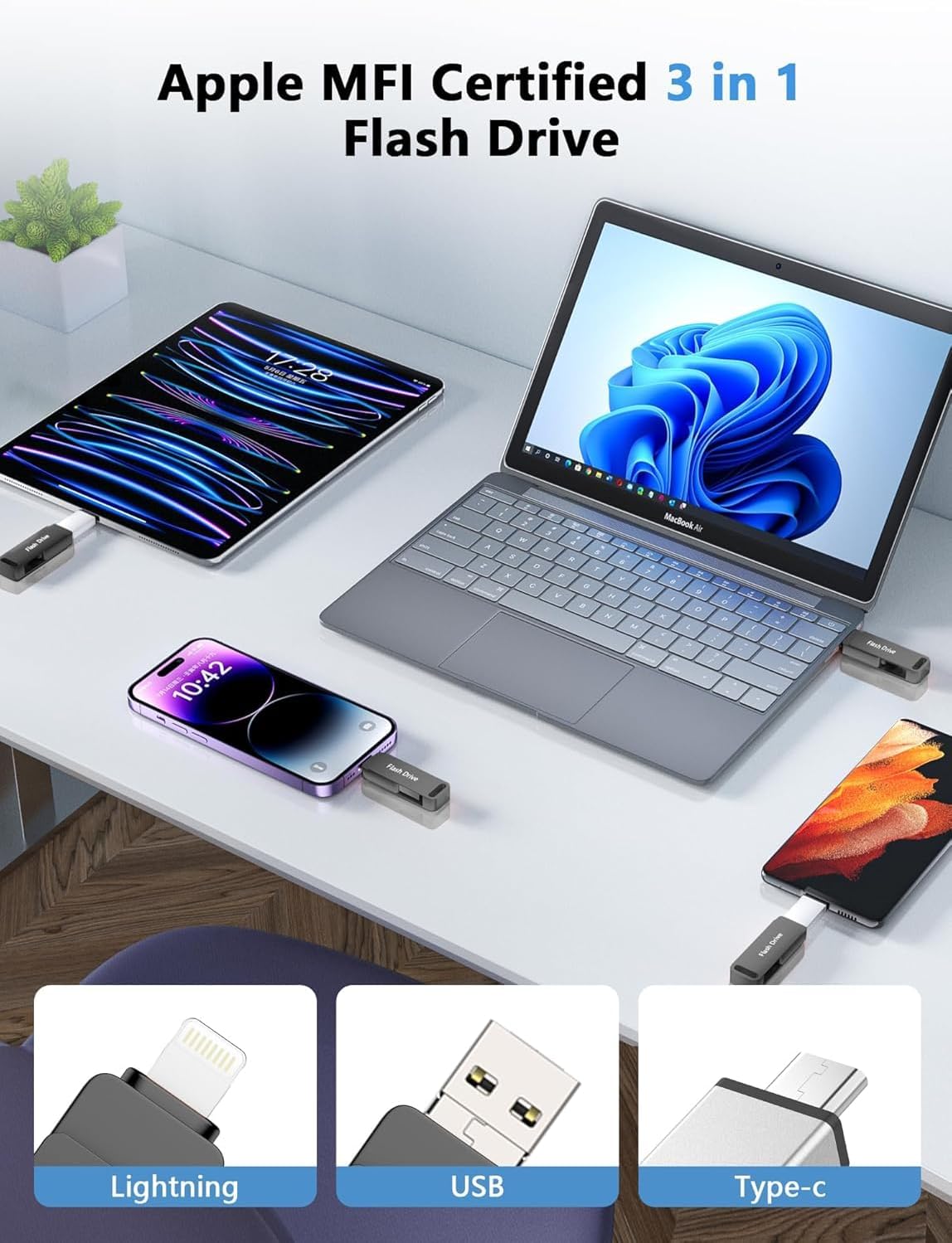 Apple MFi Certified USB Flash Drive for iPhone Photo Stick, iPhone Memory Stick Thumb Drives High Speed USB Stick Jump Drive Photo Storage Compatible for iPhone/iPad/Android/PC Black - Image 2