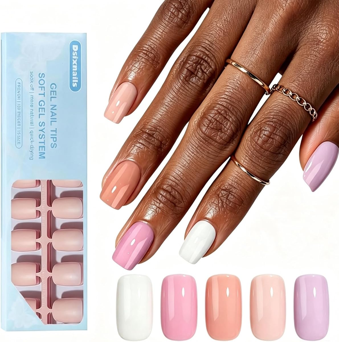 Dsixnails Nude Press on Nails, 160Pcs Short Square, 16 Sizes, 5 Shades | Natural Fake Nails, Long lasting 4-Week Wear, No Need to File, At-Home Salon Grade, Easy Application for Women & Beginners
