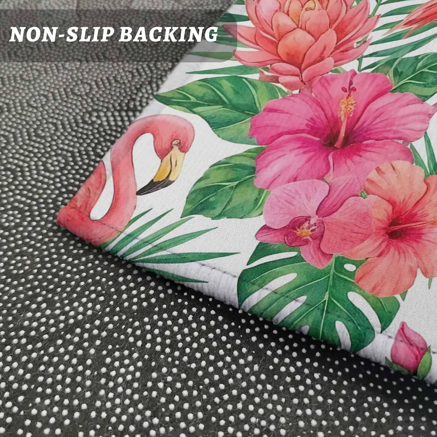 Kitchen Mats for Floor Tropical Pink Flamingo Flower Leaf Washable Non Slip Kitchen Rugs 2PCS, Summer Animal Botanical Absorbent Standing Mats for Sink Office Living Room 15.7x23.6in+15.7x47.2in