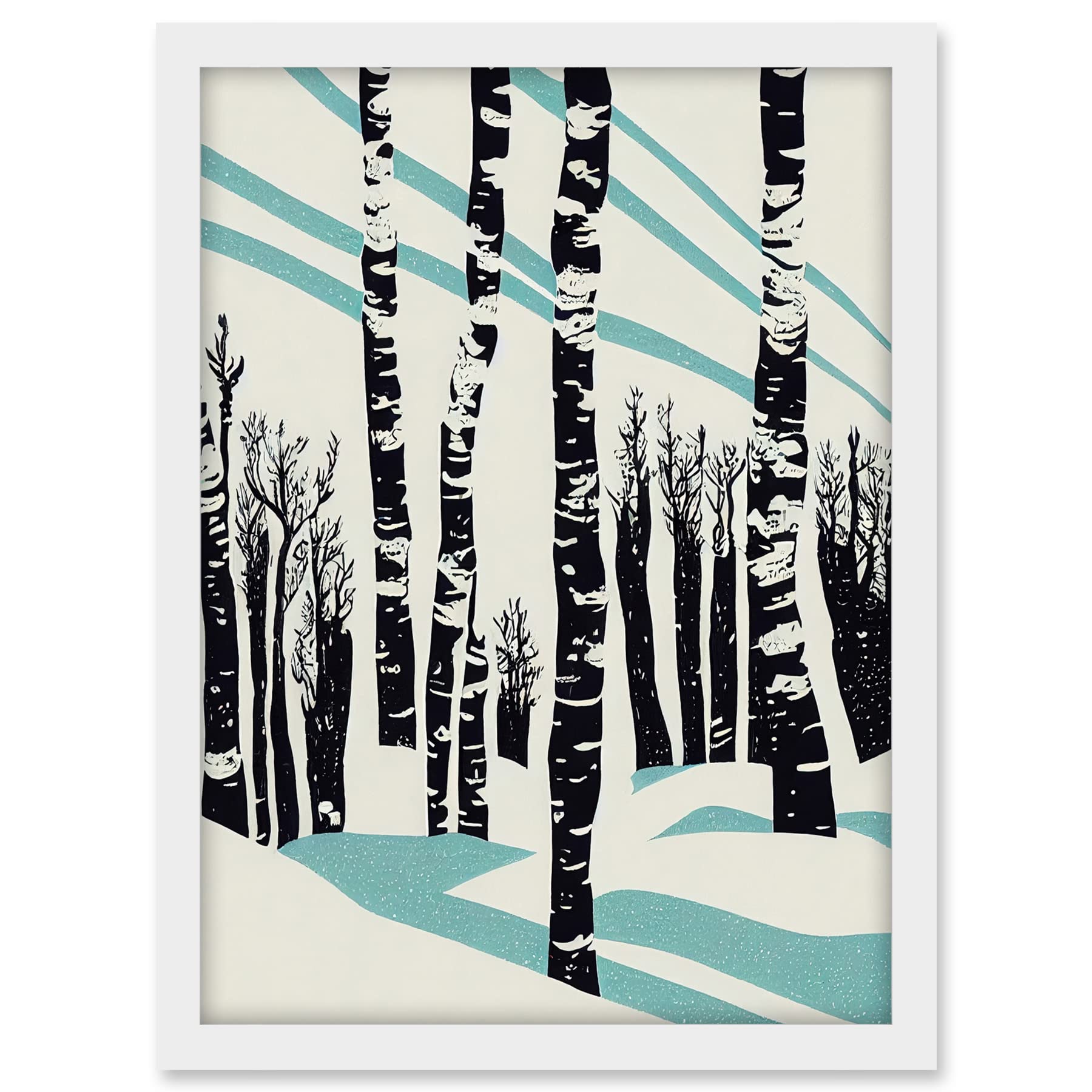 Wee Blue Coo Modern Birch Tree Forest in Winter Modern Stencil Design Monochrome and Teal Artwork Framed A3 Wall Art Print