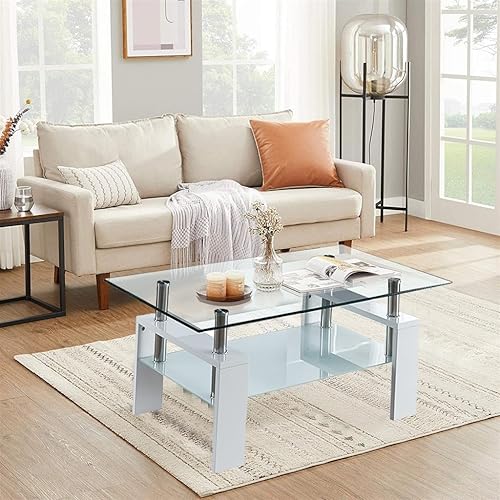 Mesa de centro rectangular de vidrio de 37 pulgadas, mesa de centro lateral blanca moderna con estante inferior, mesa de centro de doble capa con