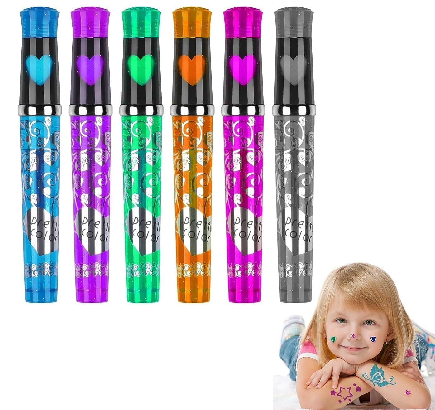 (Set of 6) Glitter Tattoo Pens for Kids – Tattoo Pen for Kids, Art Supplies Sparkle Temporary Sketch Tattoo Pen for Kids & Adults, 6 Colors Washable Tattoo Pens | Cool Return/Birthday gifts for Girls/Kids-picture-36