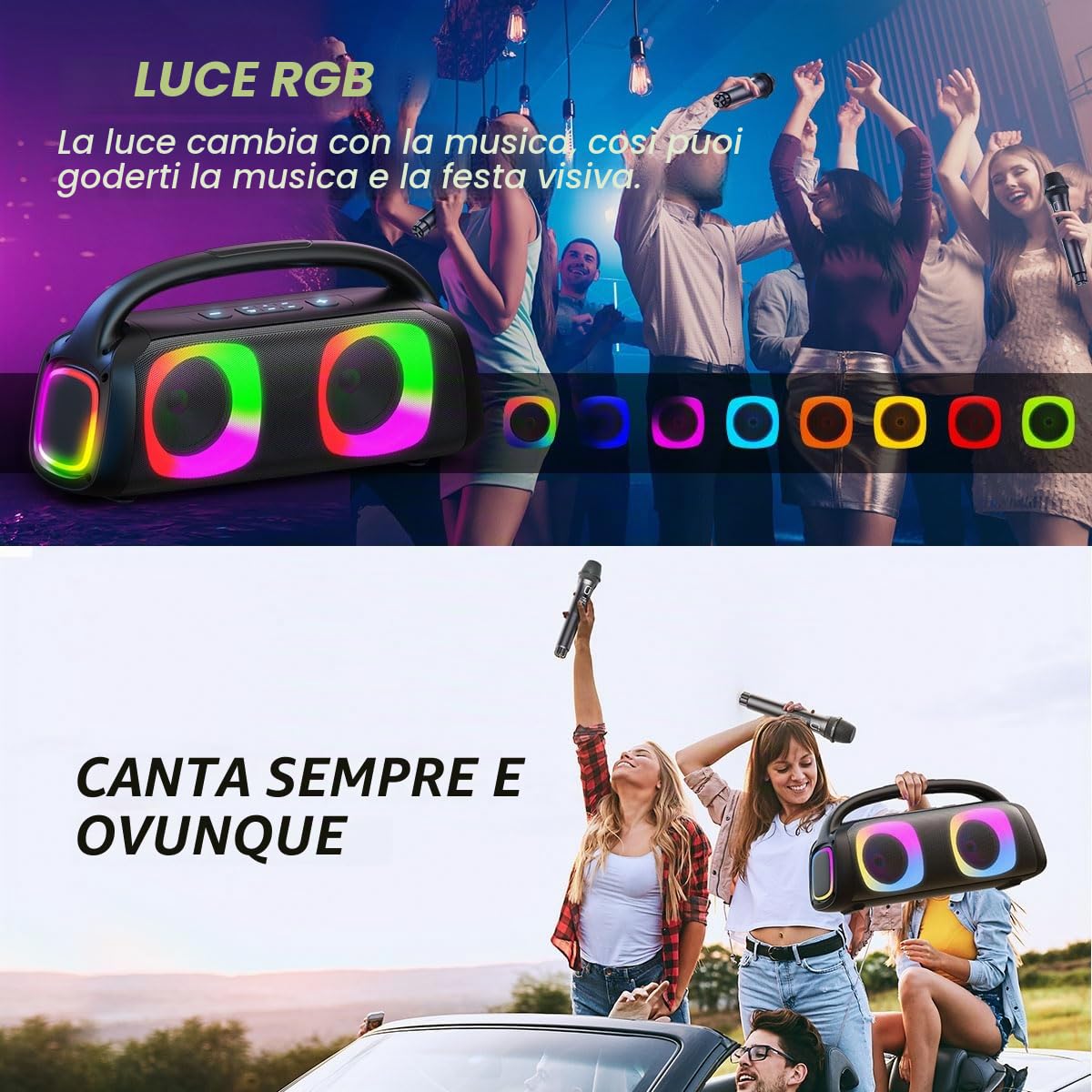 JYX Karaoke con 2 Microfonos, Bluetooth Cassa Karaoke Professionale Completo con Suono Stereo Potente, 2 Karaoke Microfoni Wireless 30M, TF/USB/AUX, RGB, Lunga Autonomia