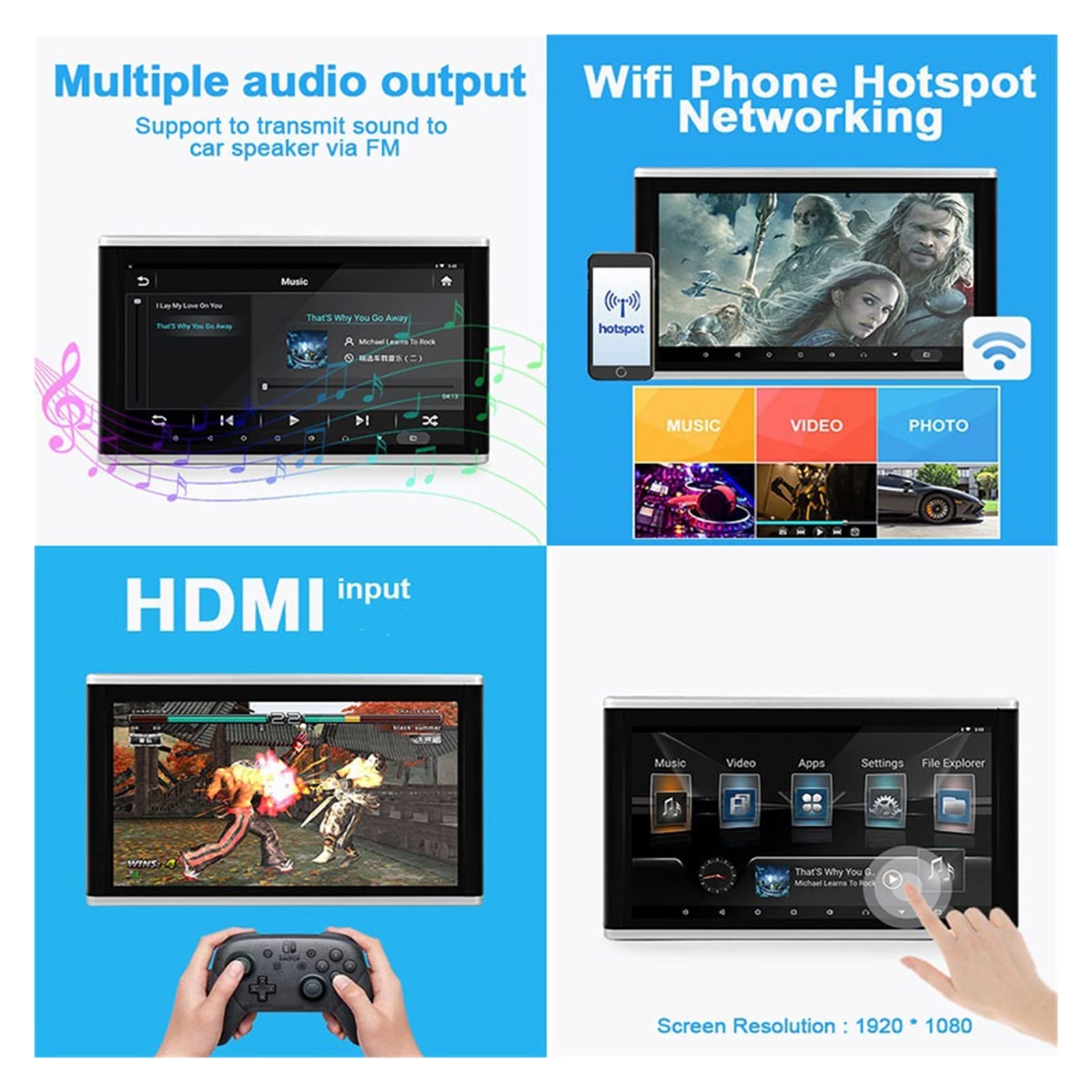 Monitor for poggiatesta for auto da 10,1 pollici IPS Touch Screen 1080P Lettore video for sedile posteriore dell'automobile FM AirPlay In Film per bambini(1 PCS 9 inch)