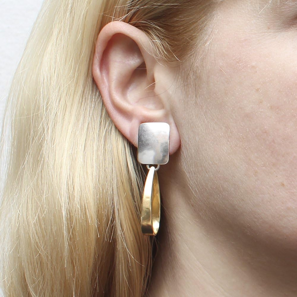 Rectangle with Long Loop Clip on Earring in Brass and Silver