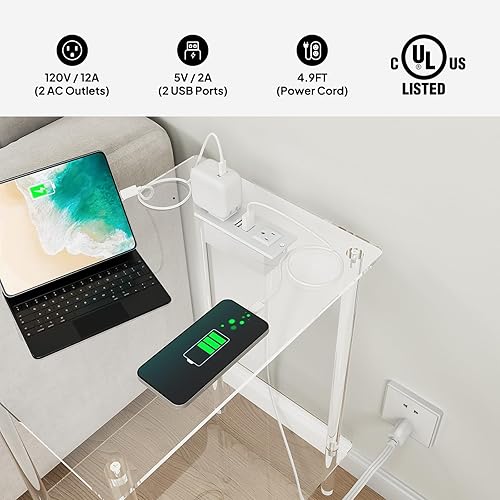 Miniatura 7 de Eglaf Mesa auxiliar de acrílico con estación de carga y puertos USB, mesita de noche pequeña para sala de estar, dormitorio, 15.7 pulgadas de largo