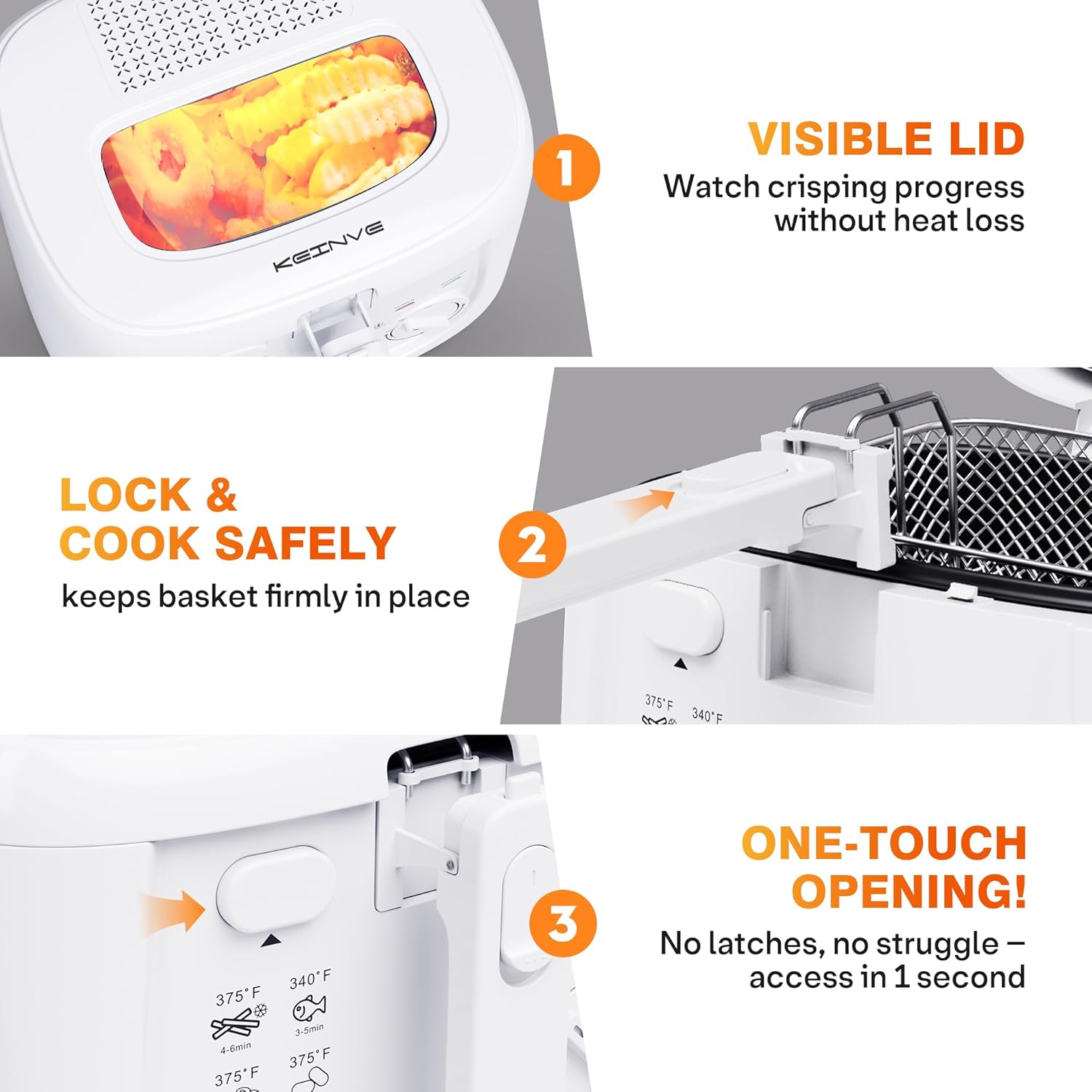 Deep fryer with visible lid, lock and cook safely mechanism, and one-touch opening