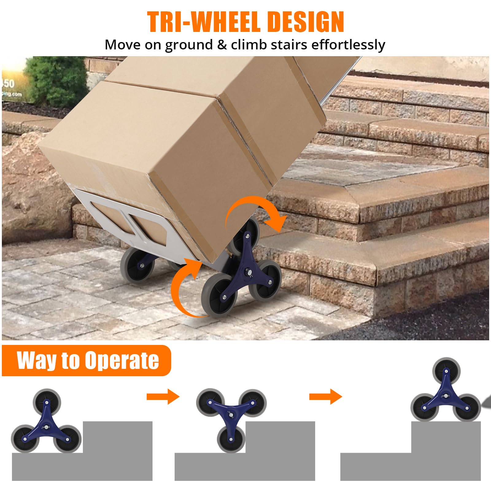 Sackkarre Treppensteiger, Aluminium Schwerlast Transportkarre 200kg Mit 3 Rad Design, Treppenkarre Treppensackkarre Für Allgelände, rutschfeste Basis & Ergonomische Griffe, 152×51.5×46 cm