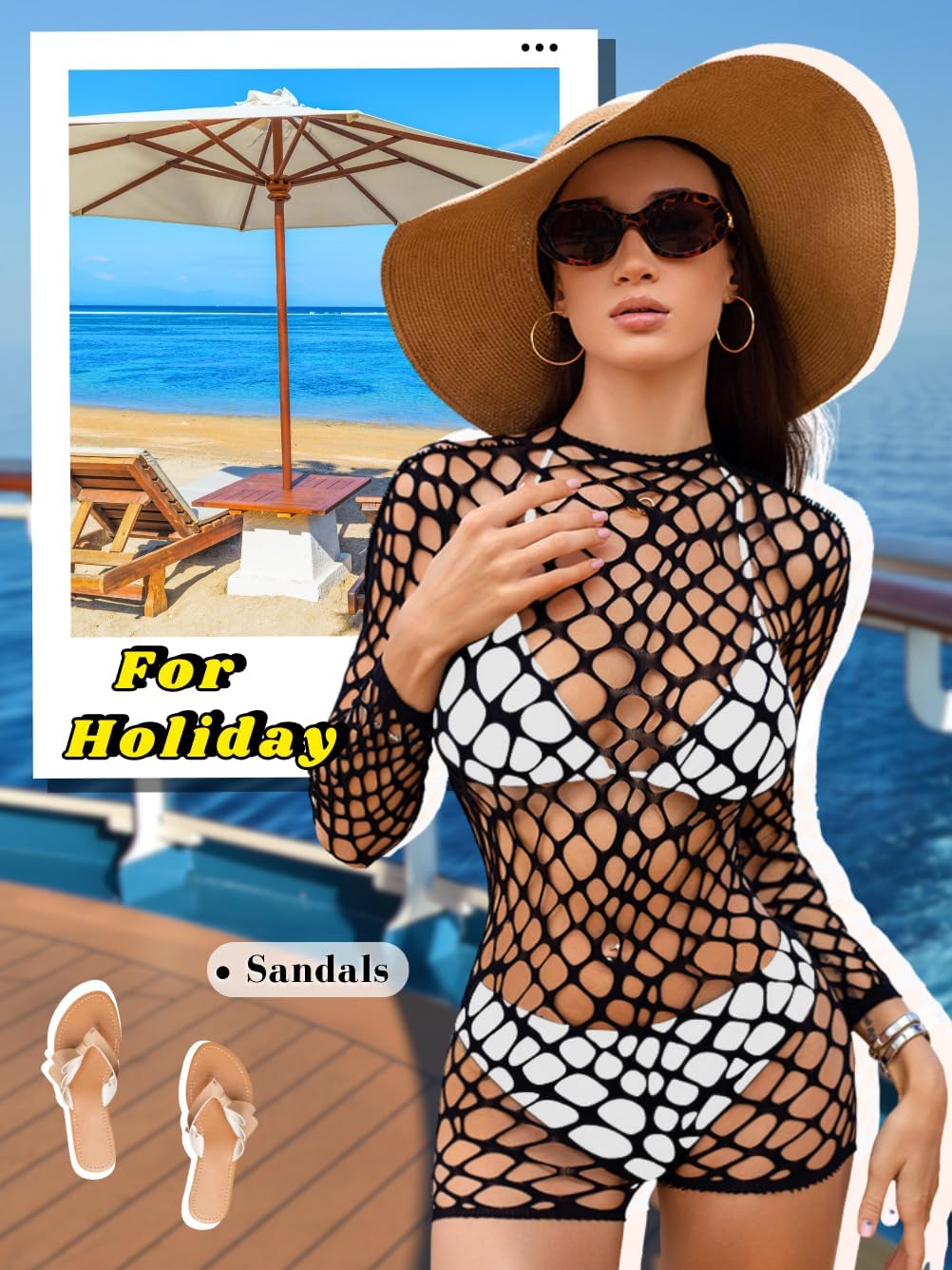 Sexy Fishnet Swimsuit Coverup For Women, Hollow Out Backless Long Sleeve Romper Bathing Suit, One Piece Beach Outfits - Image 7
