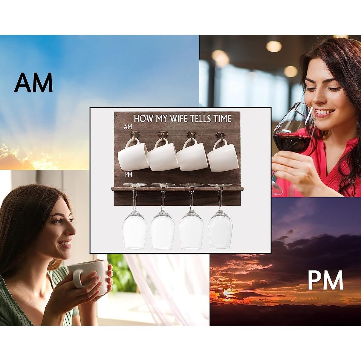Amazon.com - Wall Mounted Wine and Mug Rack 4 Glasses Coffee Mugs Included  How My Wife Time Brown Glass