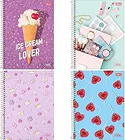 Kit com 4 Cadernos de 1 Matéria, Tilibra, Capa Dura, Vibe Feminino, 80 Folhas, Capas Sortidas
