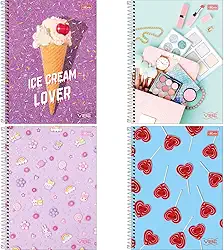 Kit com 4 Cadernos de 1 Matéria, Tilibra, Capa Dura, Vibe Feminino, 80 Folhas, Capas Sortidas