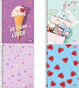 Kit com 4 Cadernos de 1 Matéria, Tilibra, Capa Dura, Vibe Feminino, 80 Folhas, Capas Sortidas