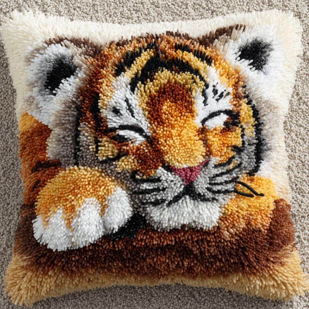 WallustrioaW Latch Hook Pillow Case Kits,Tiger 17X17 Inch Latch Hook Cushion Cover Kit,Knitting Kits Cushion for Adults Rug Making Kit for Starters
