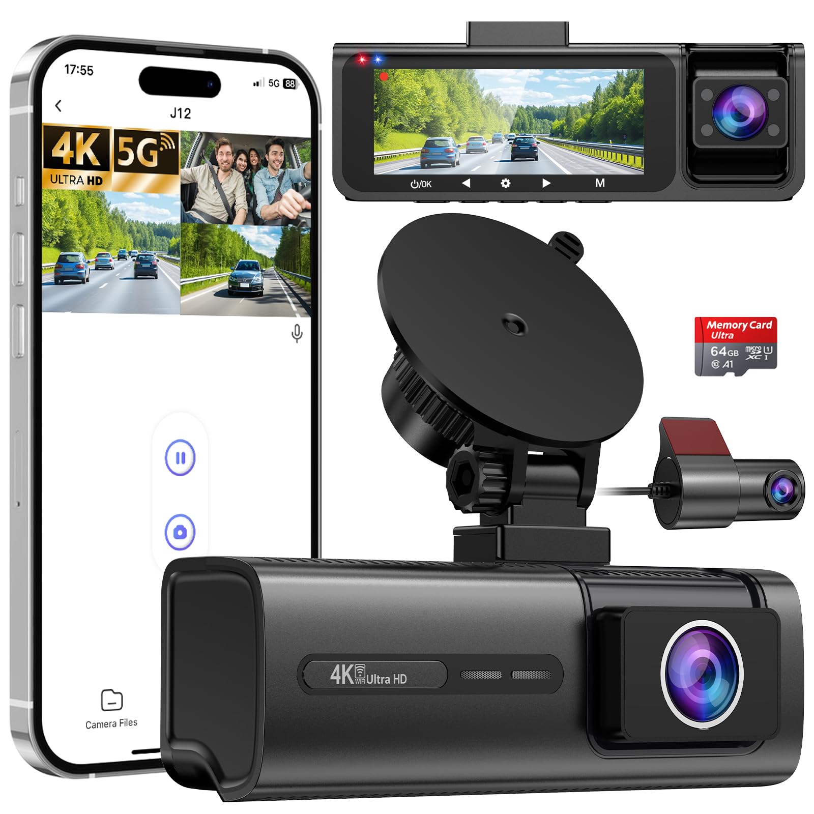 3 Channel 5G WiFi Dash Cam 4K 1080P 1080P Dash Cam Front and Rear with 64GB Card Dash