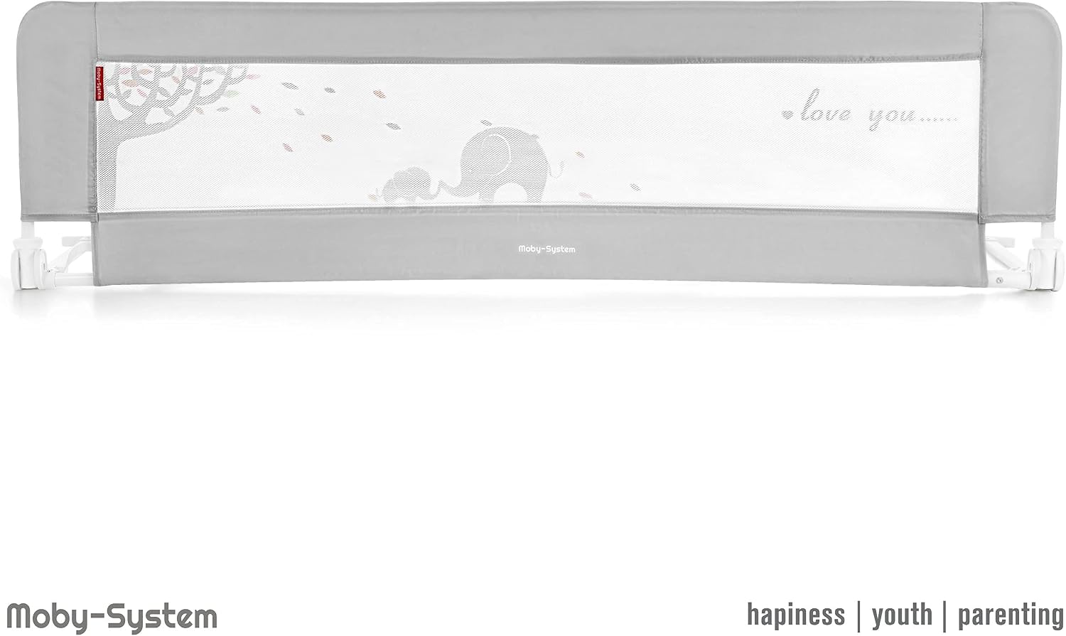 Full view of the Moby-System Foldable Bed Rail, showing the grey frame and white mesh with a subtle elephant and tree design.