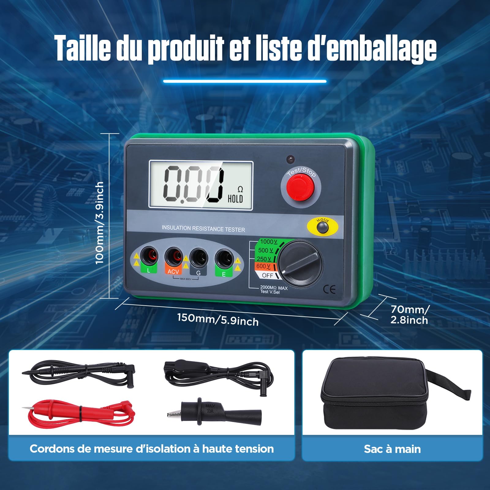 KAISAL Testeur de Résistance d'Isolation 0-2000MΩ Numérique Mégohmmètre