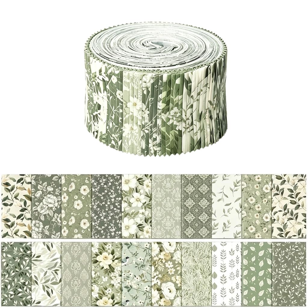 PATPAT® 40pcs Sage Green Fabric Roll for Rug Batting Greenery Fabric Strips Jelly 2.56in Leaves Floral Precut Quilting Square Bundle-image-29