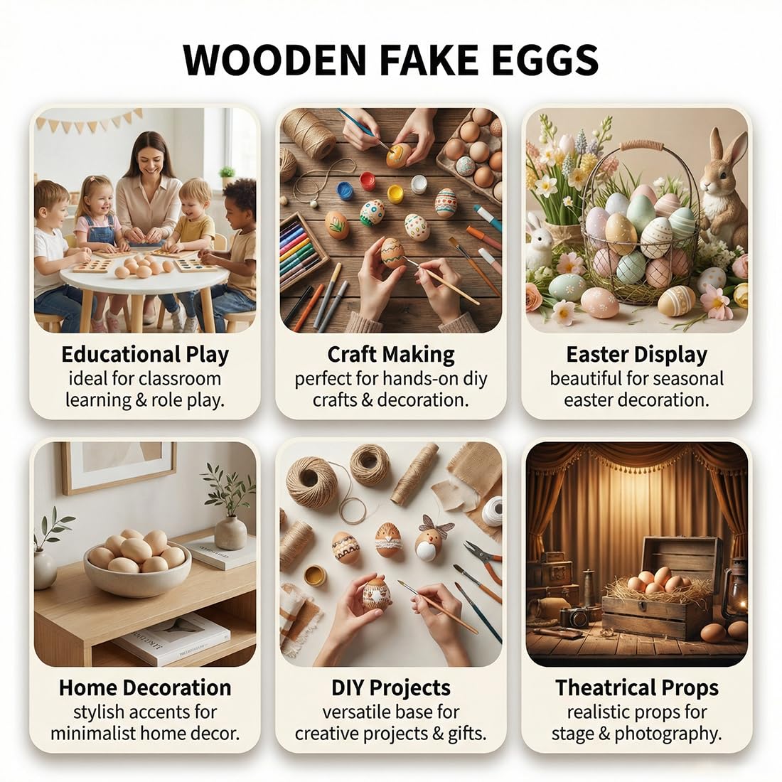 Huevos Artificiales de Madera Set 6 Piezas Decorativos para Nidos y Producción de Aves