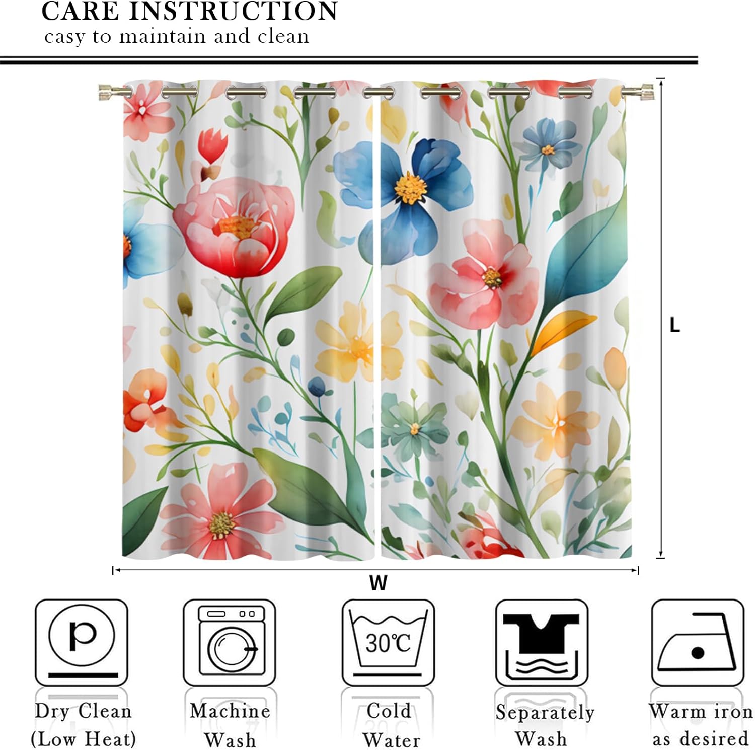 Hand Painted Watercolor Kids Blackout Curtains, Abstract 3D Colorful Floral Print Curtains, 2 Panel Curtains, Grommet Thermal Insulation Curtains For Bedroom Dining Room Windows (54"W x 39"L)