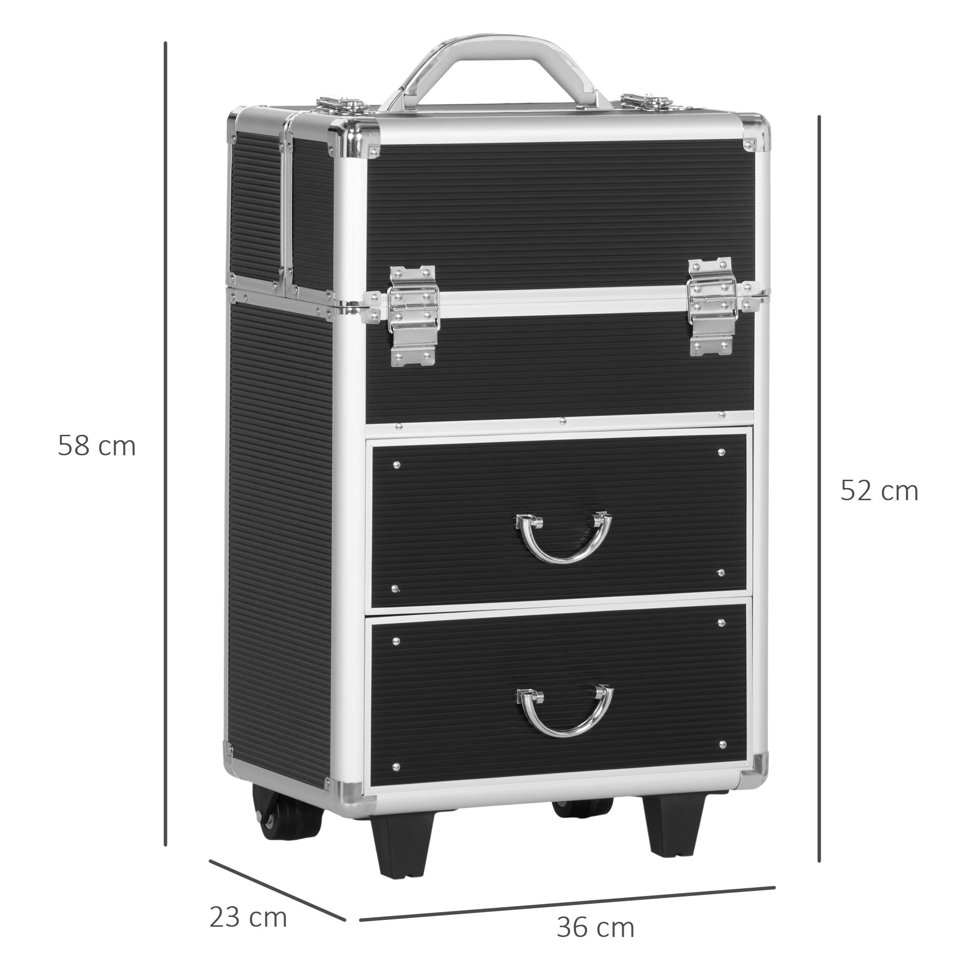 HOMCOM Valigetta Porta Trucchi Professionale, Trolley Make Up Rinforzato in MDF, Alluminio e Acciaio, Blocco con 2 Chiavi e Ruote, 36x23x58 cm, Nero