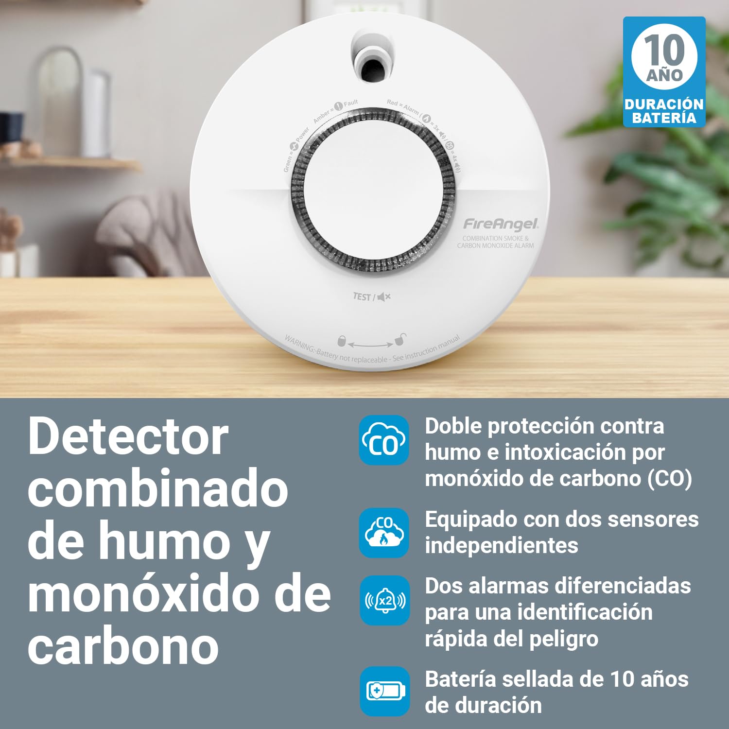 FireAngel Detector de Humo y Monóxido de Carbono para Casa Combinado, SCB10-INT – Doble Sensor de Humo y CO de 10 Años de Duración