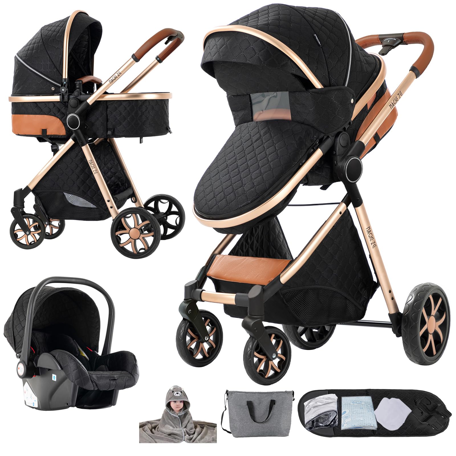 Nine point nine Kinderwagen 3 in 1 Kombikinderwagen mit Umkehrbarem Doppelschiebemodus Babywanne Aluminiumlegierung V9 Black