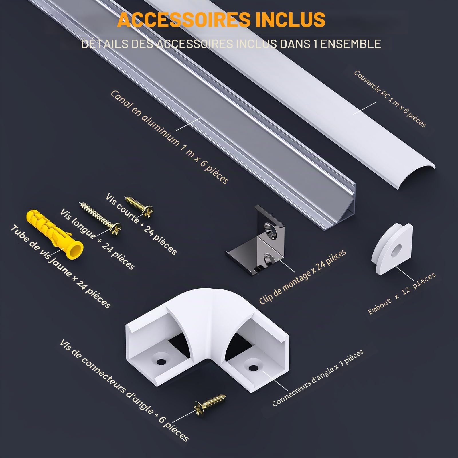 Profilé Aluminium LED V-forme 6x1mètre avec Couvercle Blanc Laiteux, Embouts et Clips de Montage
