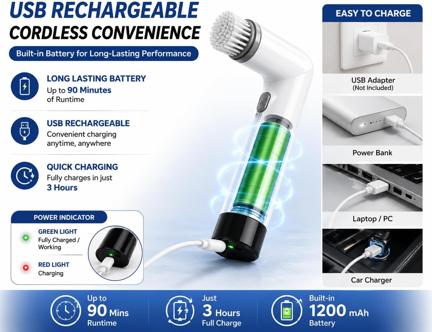 Electric Spin Scrubber Cordless Cleaning Brush, USB Rechargeable Power Scrubber for Bathroom, Kitchen, Tile, Grout, Sink & Shower Cleaning, 4 Replaceable Brush Heads, Portable Handheld Cleaning Tool